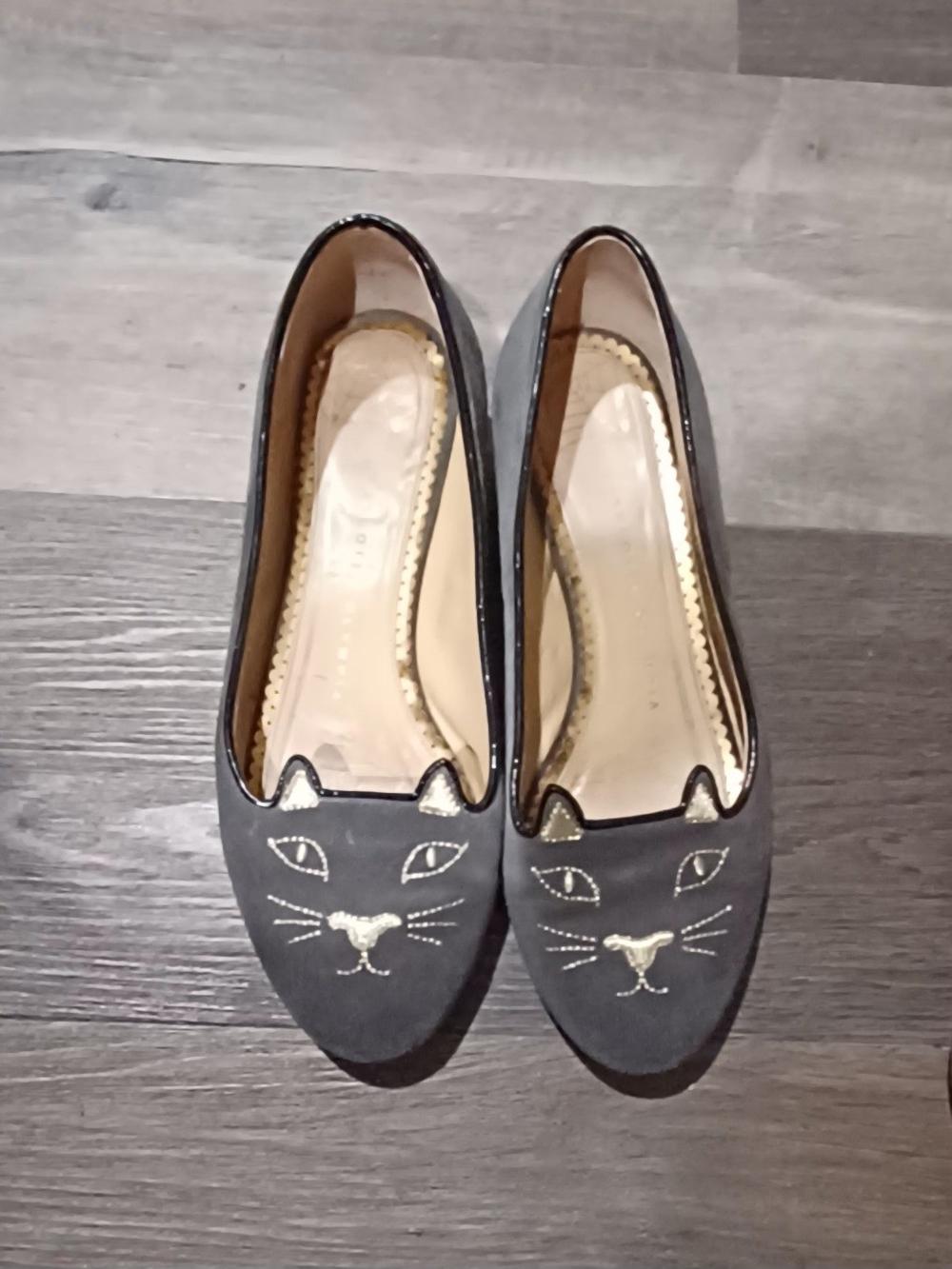Charlotte Olympia Velvet Gray and Metallic Gold Emboidered Kitty Ballet Flats